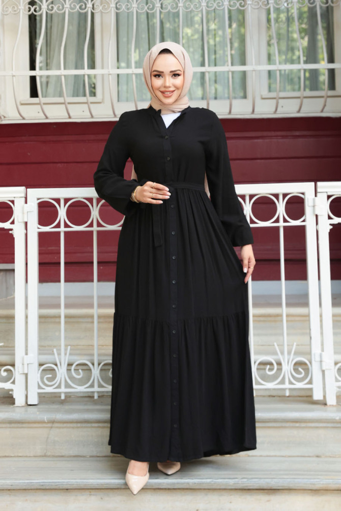 Düğmeli Siyah Tesettür Elbise 239202S - 4