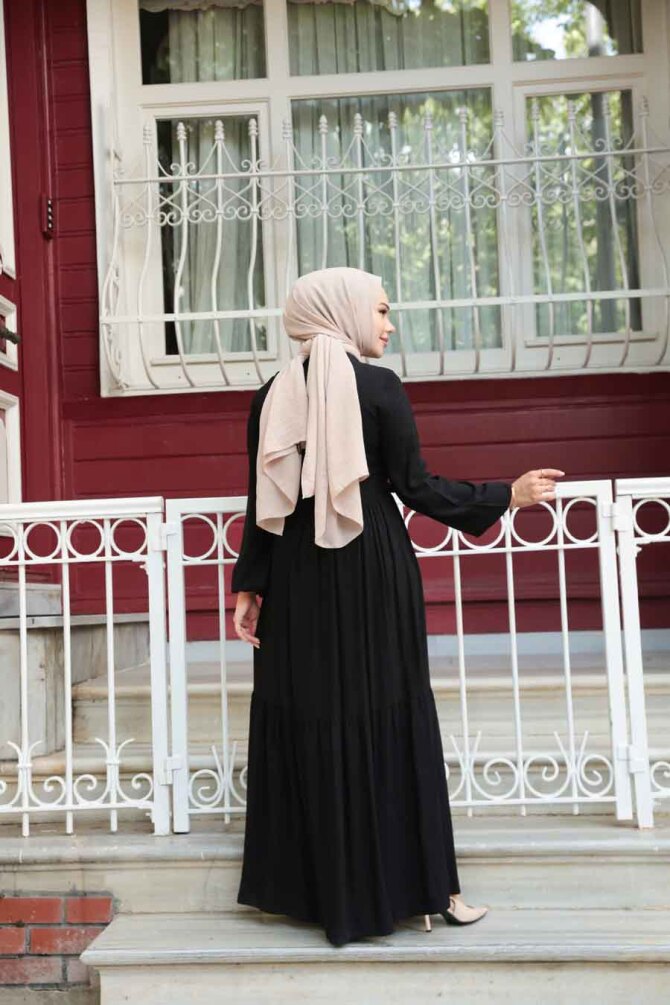 Düğmeli Siyah Tesettür Elbise 239202S - 6