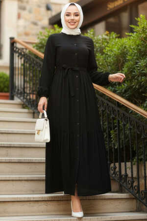 Düğmeli Siyah Tesettür Elbise 239202S 