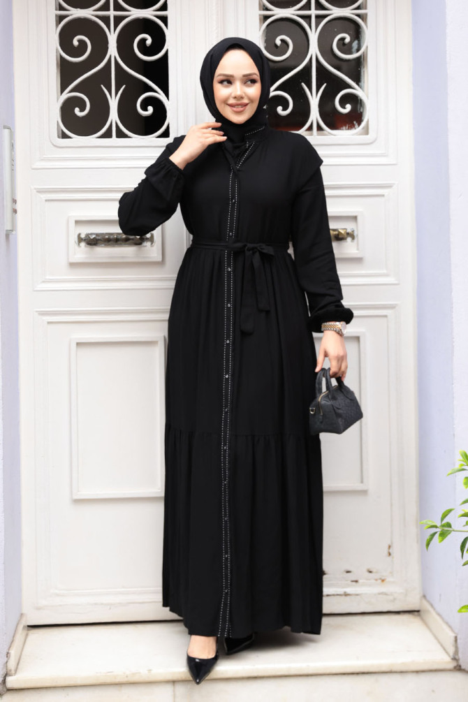 Düğmeli Siyah Tesettür Elbise 23929S - 3