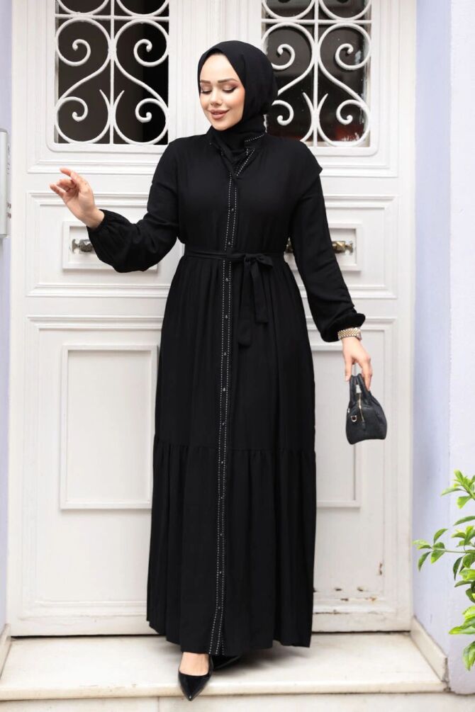 Düğmeli Siyah Tesettür Elbise 23929S - 1