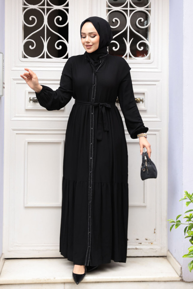Düğmeli Siyah Tesettür Elbise 23929S - 1