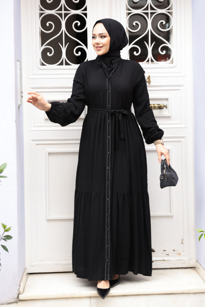 Düğmeli Siyah Tesettür Elbise 23929S - 2