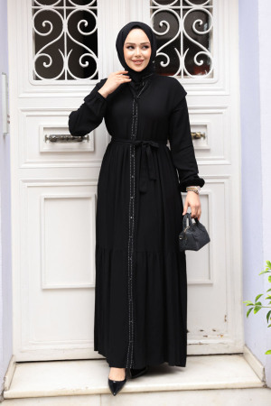 Düğmeli Siyah Tesettür Elbise 23929S - 3