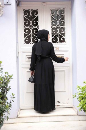 Düğmeli Siyah Tesettür Elbise 23929S - 4