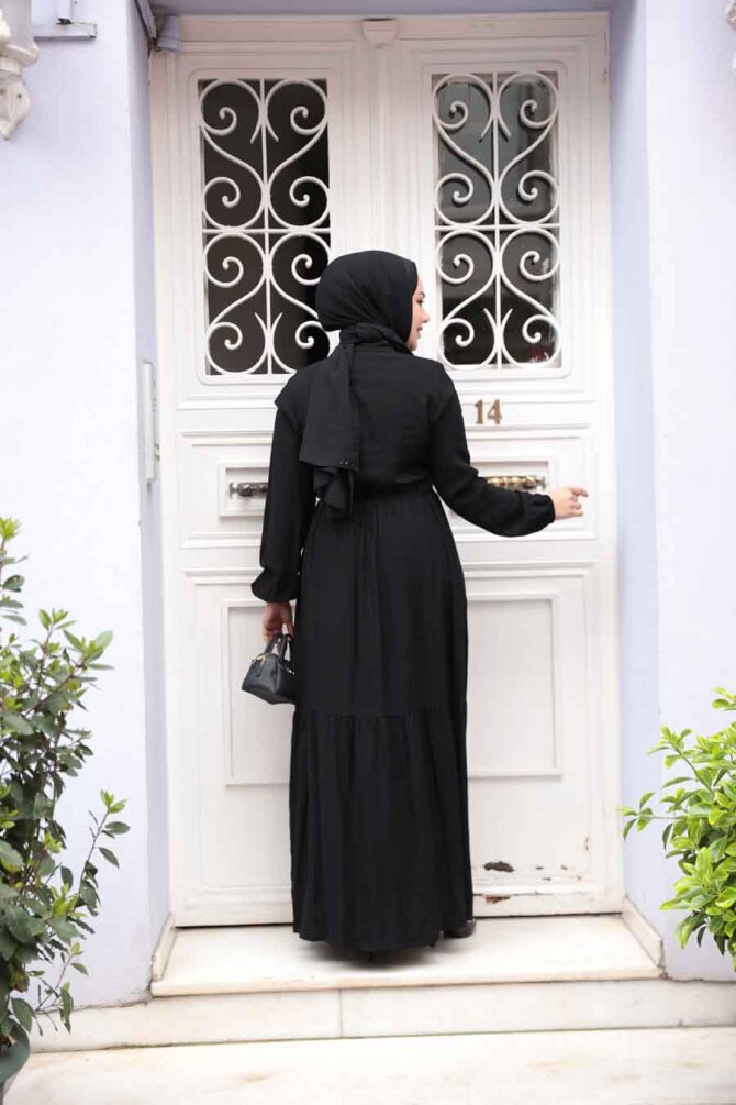 Düğmeli Siyah Tesettür Elbise 23929S - 4
