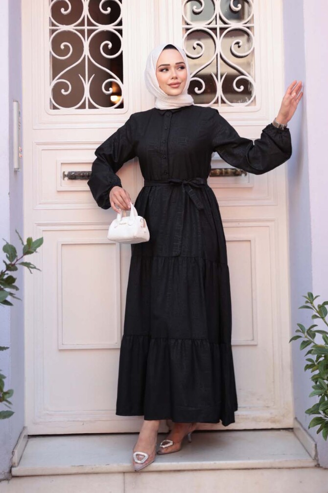 Düğmeli Siyah Tesettür Elbise 30391S - 2