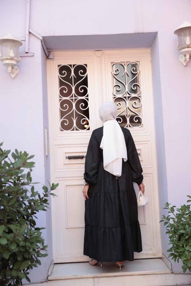 Düğmeli Siyah Tesettür Elbise 30391S - 4