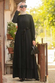 Düğmeli Siyah Tesettür Elbise 42820S - Thumbnail