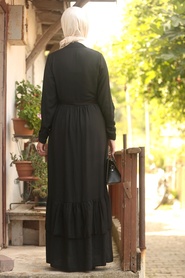 Düğmeli Siyah Tesettür Elbise 42820S - Thumbnail