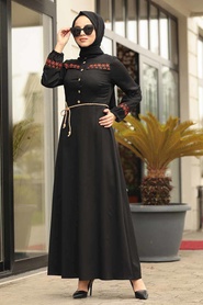 Düğmeli Siyah Tesettür Elbise 4285S - Thumbnail