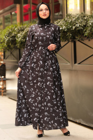 Düğmeli Siyah Tesettür Elbise 5101S - Thumbnail