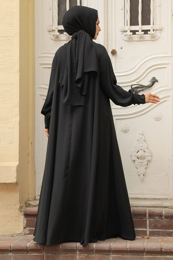 Düğmeli Siyah Tesettür Elbise 520066S - 2