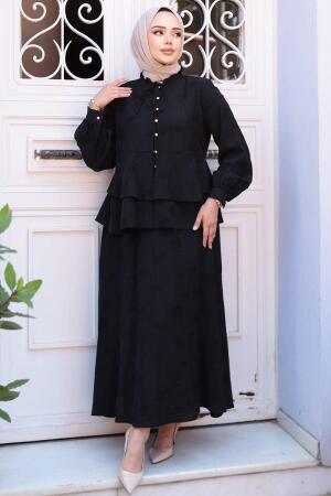 Düğmeli Siyah Tesettür Etekli İkili Takım 14334S - N.S NEVA STYLE