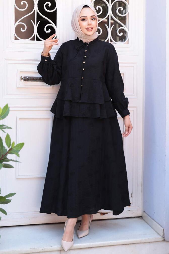 Düğmeli Siyah Tesettür Etekli İkili Takım 14334S - 2