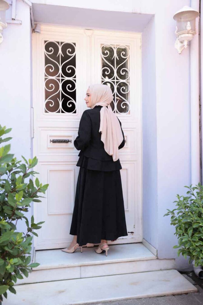 Düğmeli Siyah Tesettür Etekli İkili Takım 14334S - 4