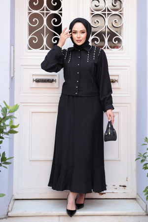 Düğmeli Siyah Tesettür Etekli İkili Takım 44741S 