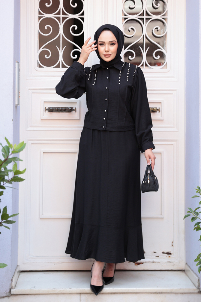 Düğmeli Siyah Tesettür Etekli İkili Takım 44741S - N.S NEVA STYLE