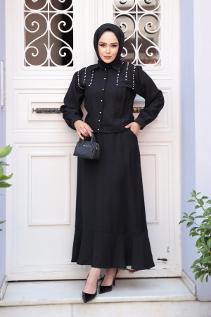 Düğmeli Siyah Tesettür Etekli İkili Takım 44741S - 2