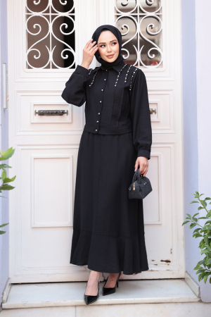 Düğmeli Siyah Tesettür Etekli İkili Takım 44741S - 3