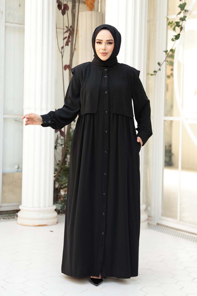 Düğmeli Siyah Tesettür Ferace 26441S - 1