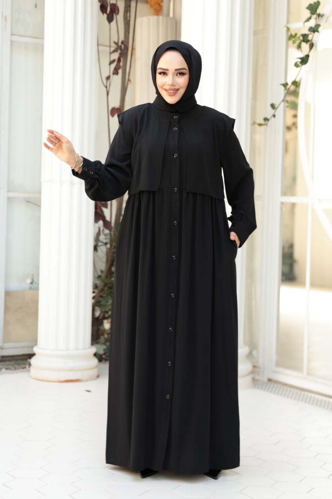 Düğmeli Siyah Tesettür Ferace 26441S - 2