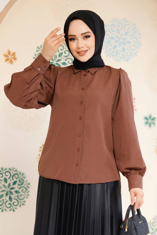 Düğmeli Kahverengi Tesettür Gömlek 52284KH - NEVA STYLE
