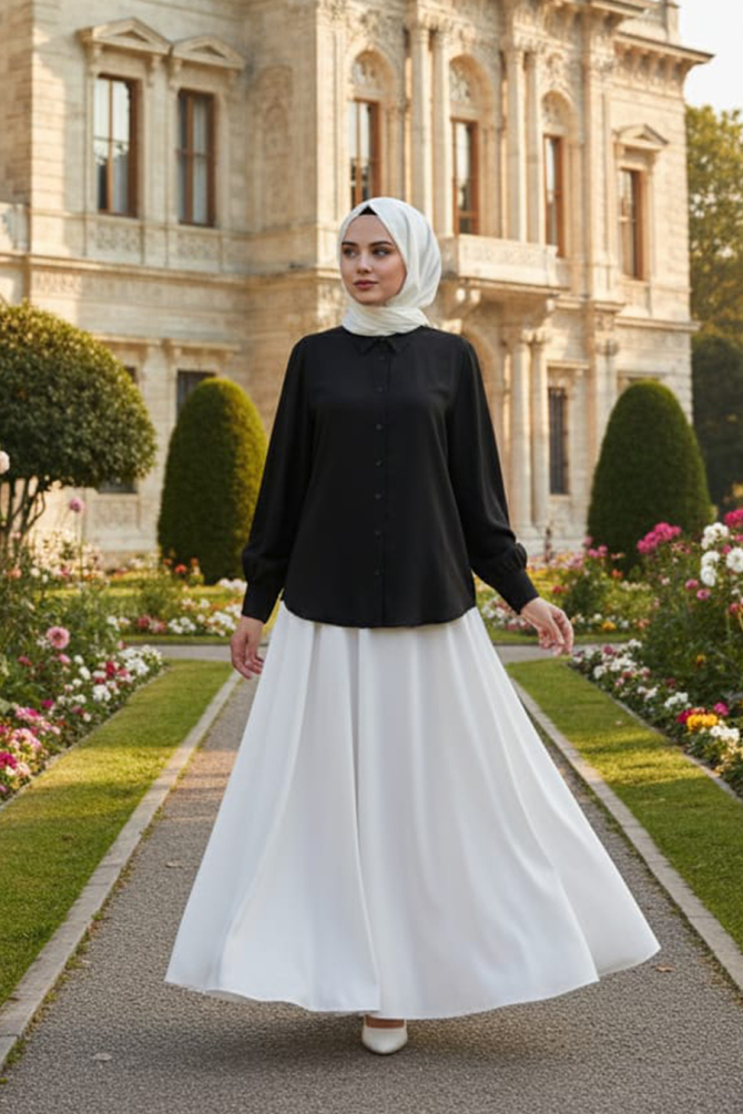 Düğmeli Siyah Tesettür Gömlek 52284S - NEVA STYLE