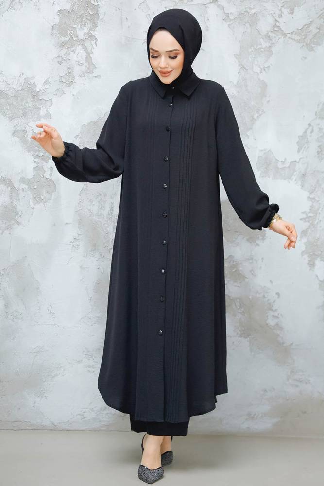 Düğmeli Siyah Tesettür İkili Takım 10891S - 4