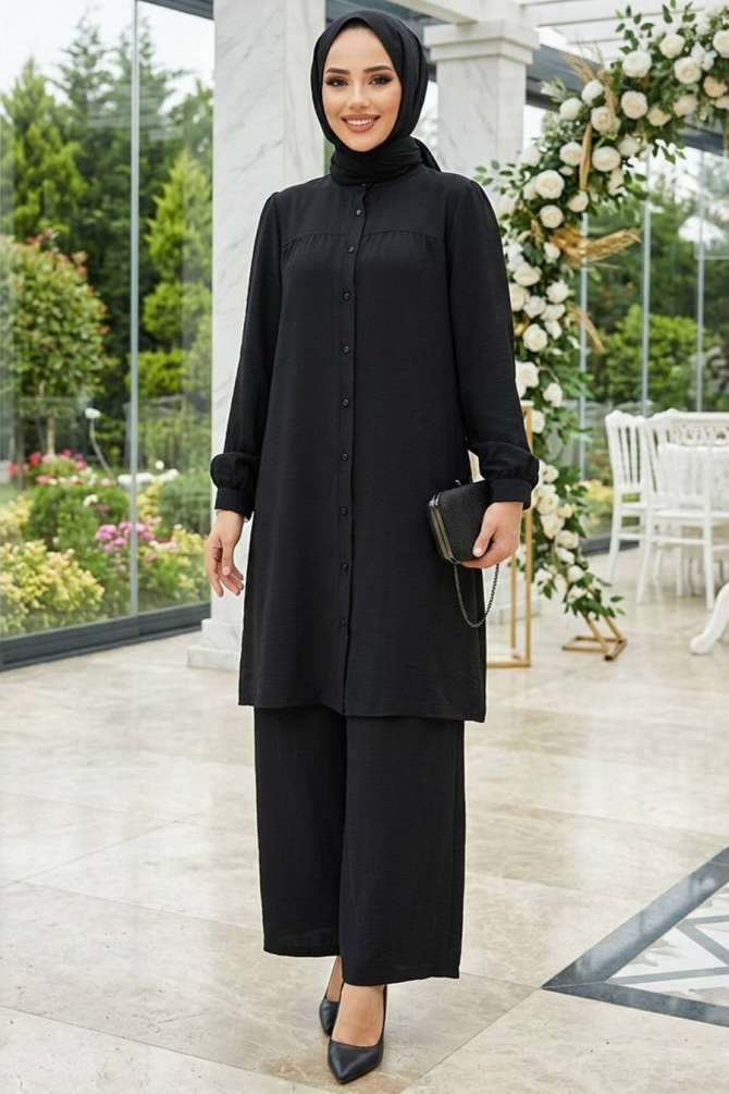 Düğmeli Siyah Tesettür İkili Takım 12172S - NEVA STYLE