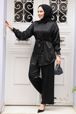 Düğmeli Siyah Tesettür İkili Takım 4016S - 2