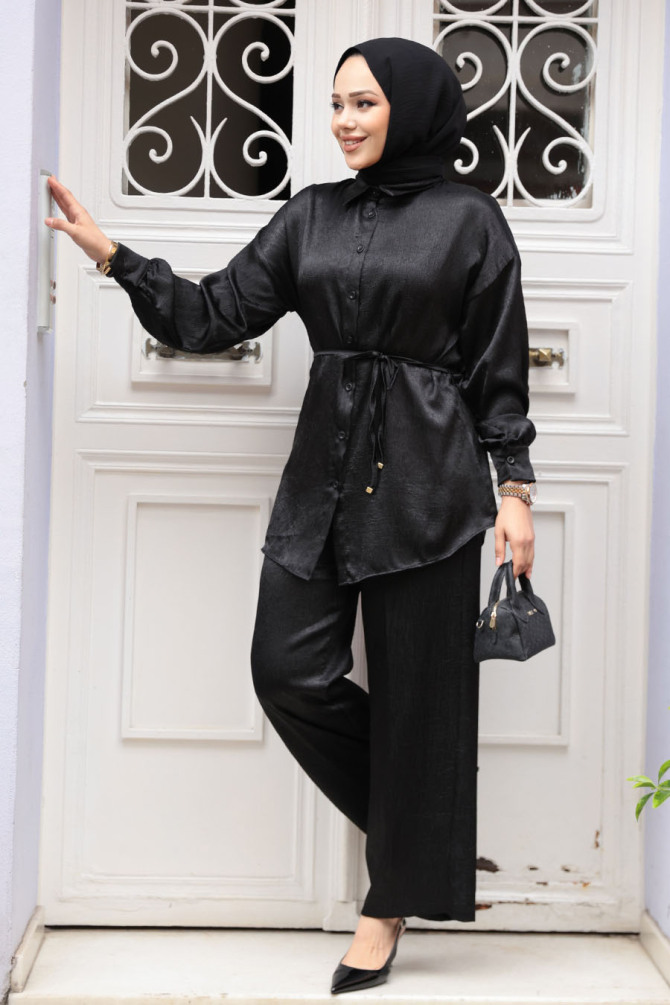 Düğmeli Siyah Tesettür İkili Takım 4016S - 2