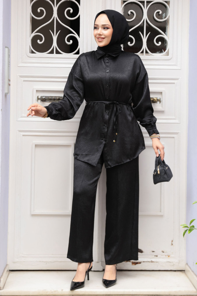 Düğmeli Siyah Tesettür İkili Takım 4016S - 3