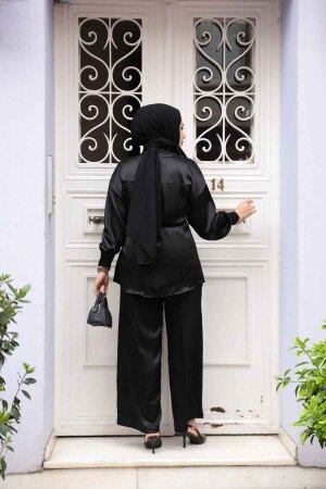Düğmeli Siyah Tesettür İkili Takım 4016S - 4