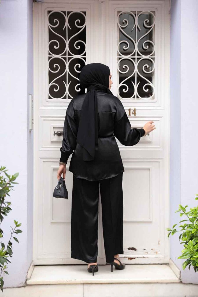 Düğmeli Siyah Tesettür İkili Takım 4016S - 4