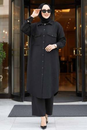 Düğmeli Siyah Tesettür İkili Takım 44661S 
