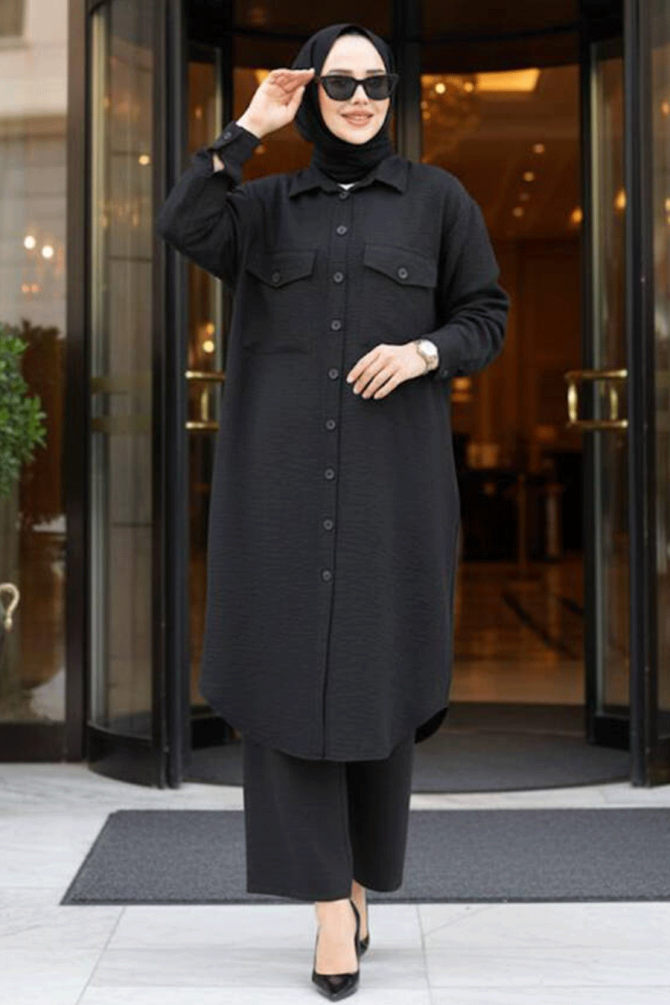 Düğmeli Siyah Tesettür İkili Takım 44661S - 1