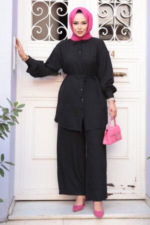 Düğmeli Siyah Tesettür İkili Takım 60341S - 3