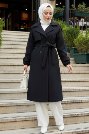 Düğmeli Siyah Tesettür Kaşe Kaban 6243S - N.S NEVA STYLE