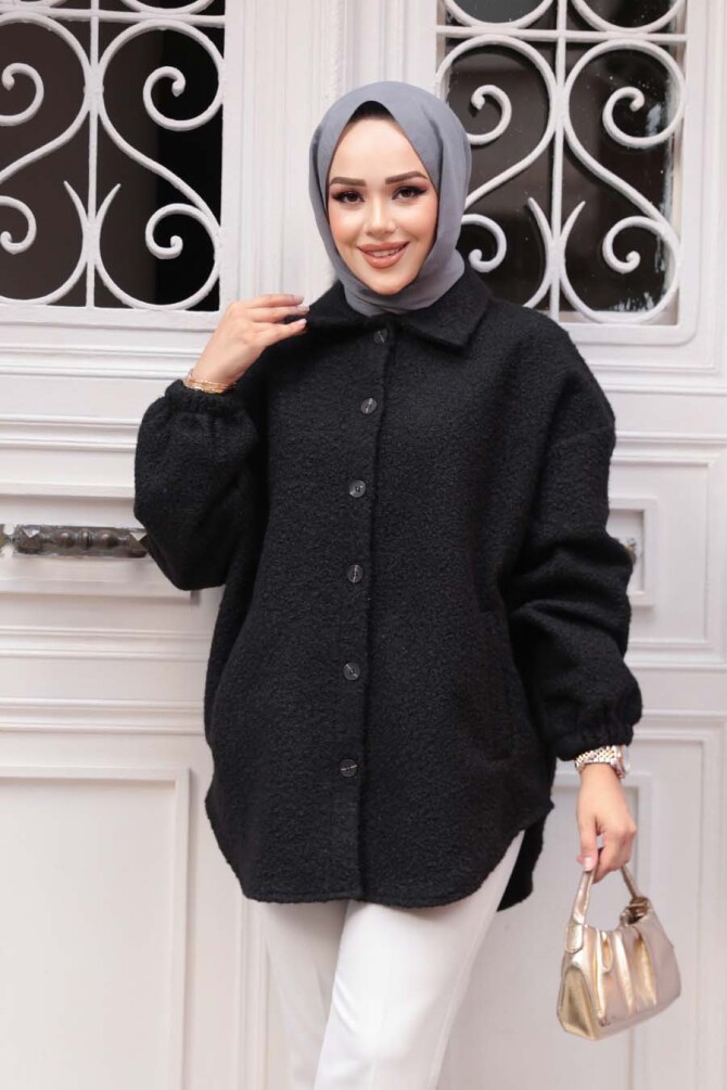 Düğmeli Siyah Tesettür Keçe Ceket 30142S - 1