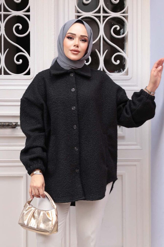 Düğmeli Siyah Tesettür Keçe Ceket 30142S - 2