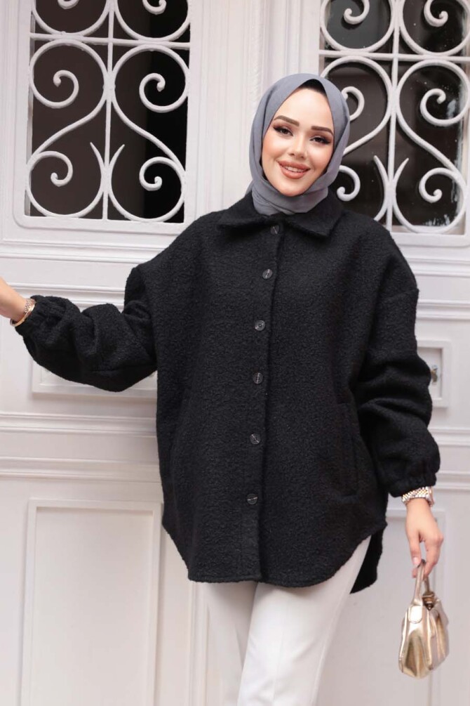 Düğmeli Siyah Tesettür Keçe Ceket 30142S - 3