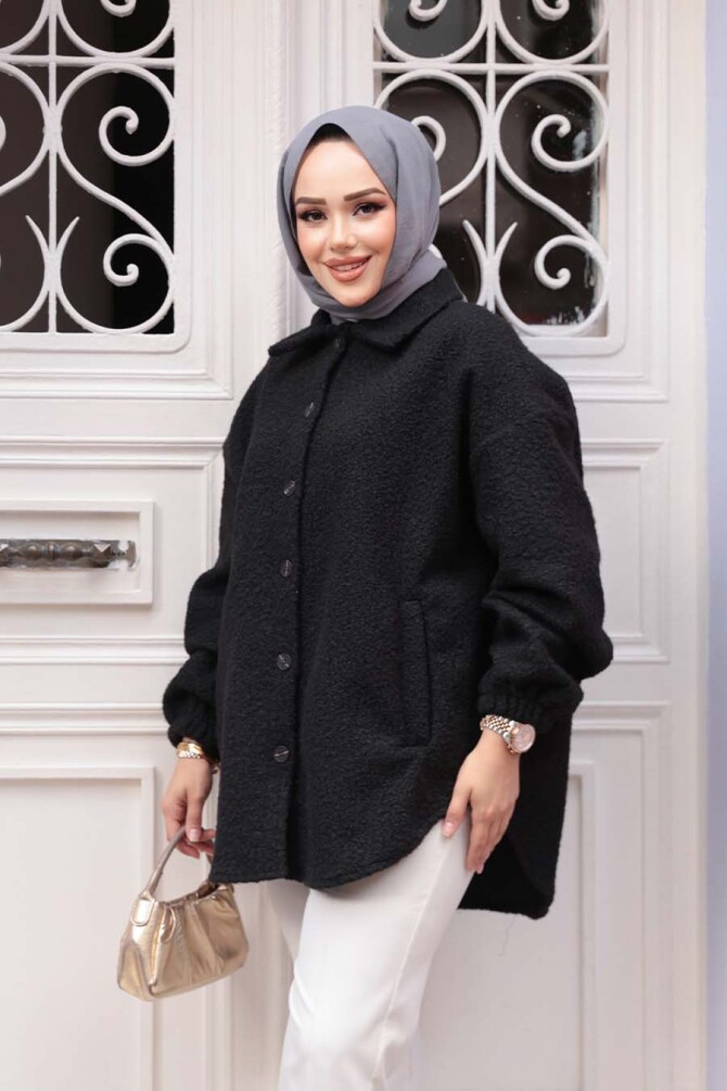 Düğmeli Siyah Tesettür Keçe Ceket 30142S - 4