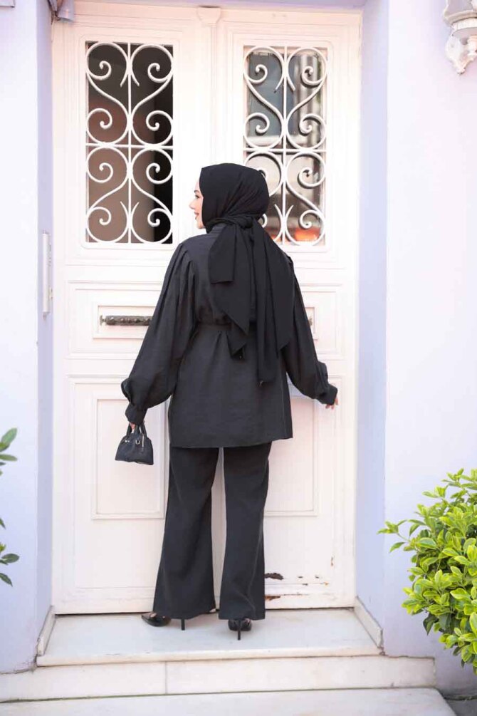 Düğmeli Siyah Tesettür Modal Kumaş İkili Takım 30264S - 4