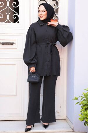 Düğmeli Siyah Tesettür Modal Kumaş İkili Takım 30264S - 2