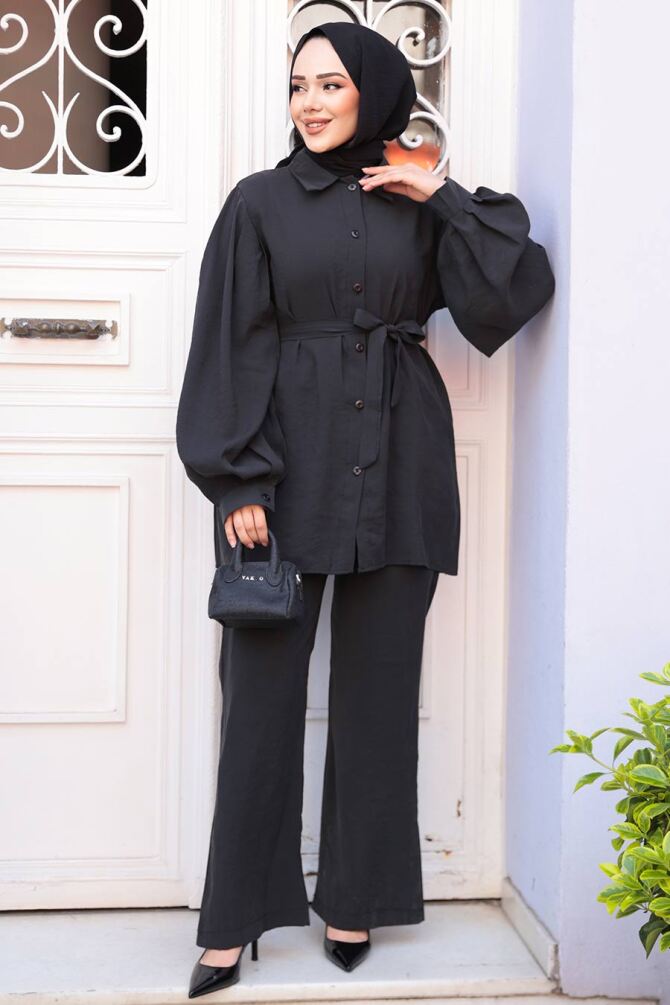 Düğmeli Siyah Tesettür Modal Kumaş İkili Takım 30264S - 2