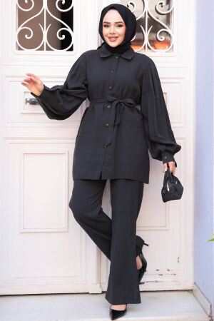 Düğmeli Siyah Tesettür Modal Kumaş İkili Takım 30264S 