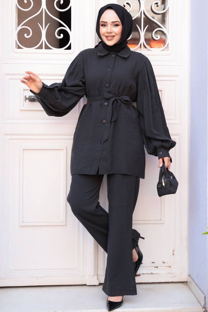 Düğmeli Siyah Tesettür Modal Kumaş İkili Takım 30264S - 1