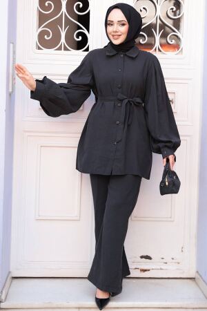 Düğmeli Siyah Tesettür Modal Kumaş İkili Takım 30264S - 3