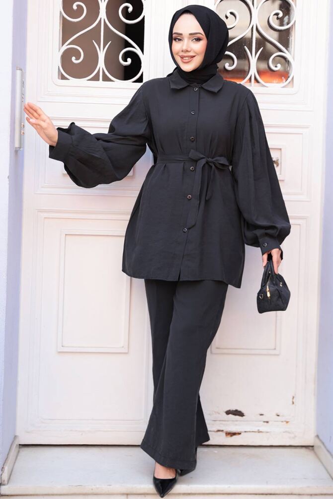 Düğmeli Siyah Tesettür Modal Kumaş İkili Takım 30264S - 3